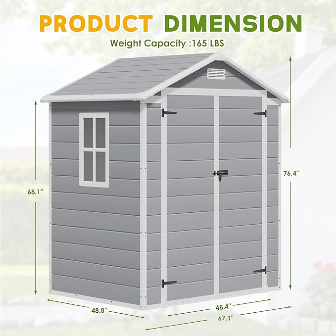 Greesum 6x4FT Plastic Outdoor Storage Shed, Resin Shed with Floor and Window, Tool Sheds with Lockable Door and Vent, for Garden, Garage, Lawn, Light Gray