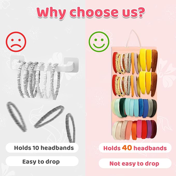 Hanging Headband Holder for Girls Women, Headband Organizer with 40 Elastic Slots, Felt Headband Storage Organizer, Head Band Hair Accessories Organizer (Pink, Without Headbands)