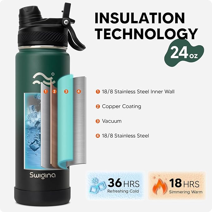Insulated Water Bottle with Silicone Boot (36hrs Cold/18hrs Hot) - DIY Stickers, [2-in-1 Lid], BPA Free, 24 oz