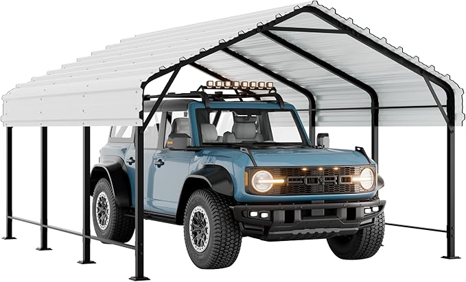 Walsunny Metal Carport 12x15 FT Heavy Duty Carport Canopy with Enhanced Base, Outdoor Car Shelter with Galvanized Steel Roof and Frame Garage for Truck, SUV, Boat, White