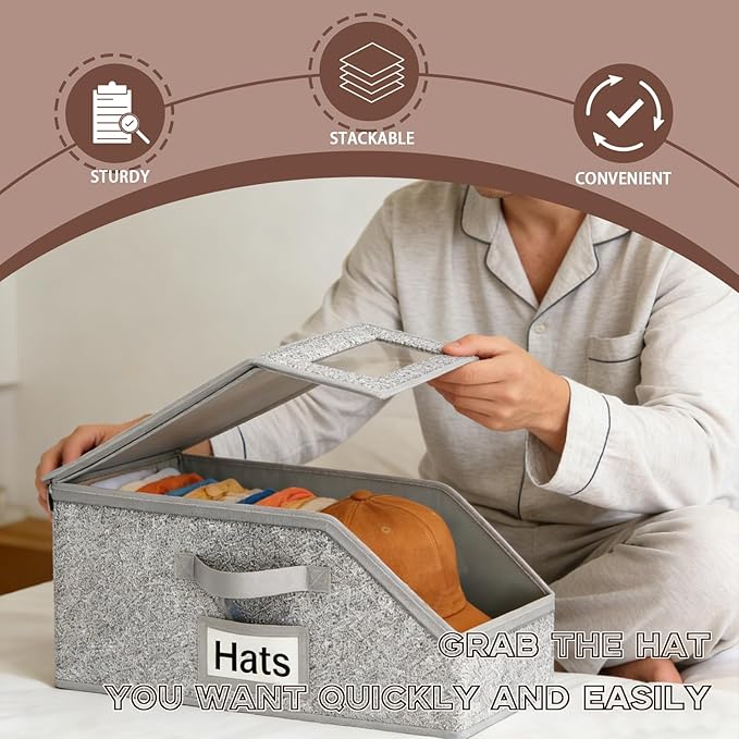 2 Pcs Hat Organizer for Baseball Caps and 6 Pcs Hat Shaper Insert - Stackable Hats Storage Box for Closet - Holds Up to 20 Caps Storage Box, Flip Cover, Save Space, Grey