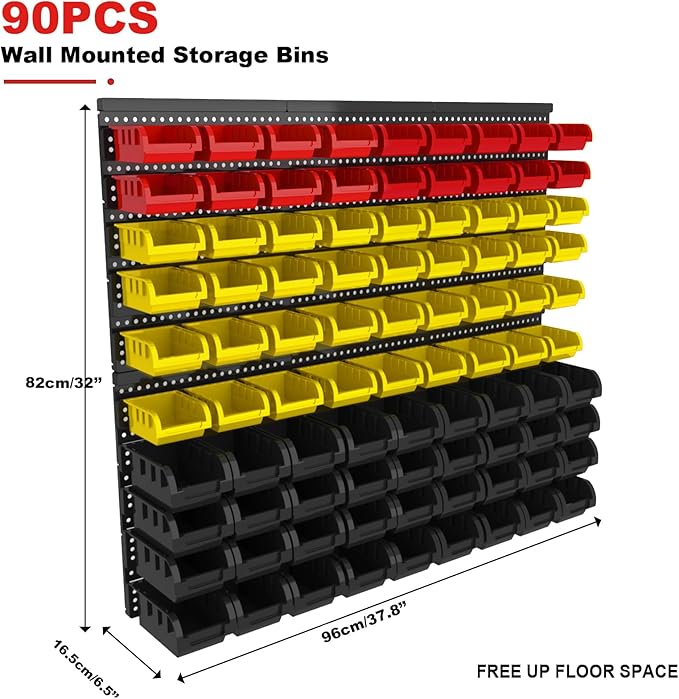 Wall Mounted Storage Bins - Plastic Adjustable Compartment Organizer for Screws, Nuts, Bolts & Tools | Heavy-Duty Home & Garage Organization | Closet, Bedroom, 90PCS (36Y+36B+18R)