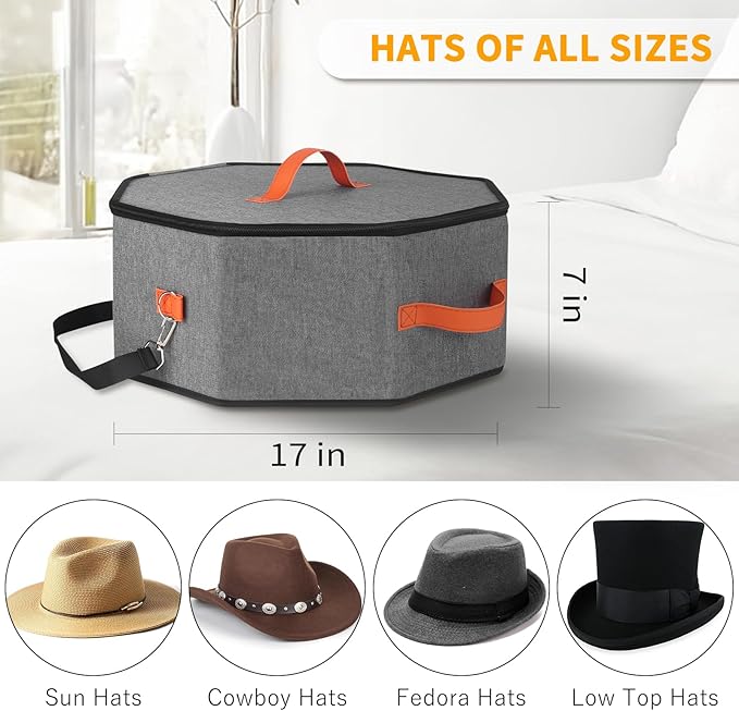 Hat Storage Box for Women & Men, Hardboard Support Cowboy Hat Boxes with 1 Door Hook Hat Organizer for Travel(Grey)