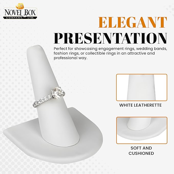 Novel Box 2 Pack White Leatherette Jewelry Ring Finger Display Stand 2x2x2.25 Inches with Square Base - Ring Holder Organizer Stand for Selling or Personal Use - Display Stands for Rings