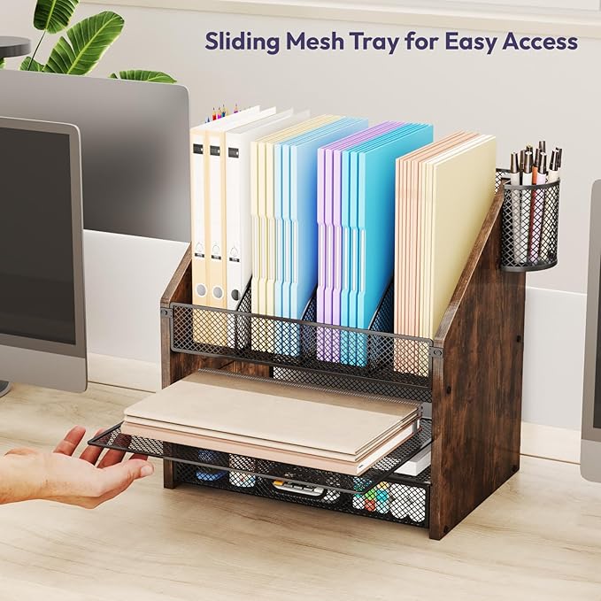 SWTYMIKI Desk Organizer with Drawers - Mesh and Wood Desk File Organizer with Pen Holders, 4-Tier Paper Organizer for Office Organizer and Accessorie, School and Home Storage, Espresso