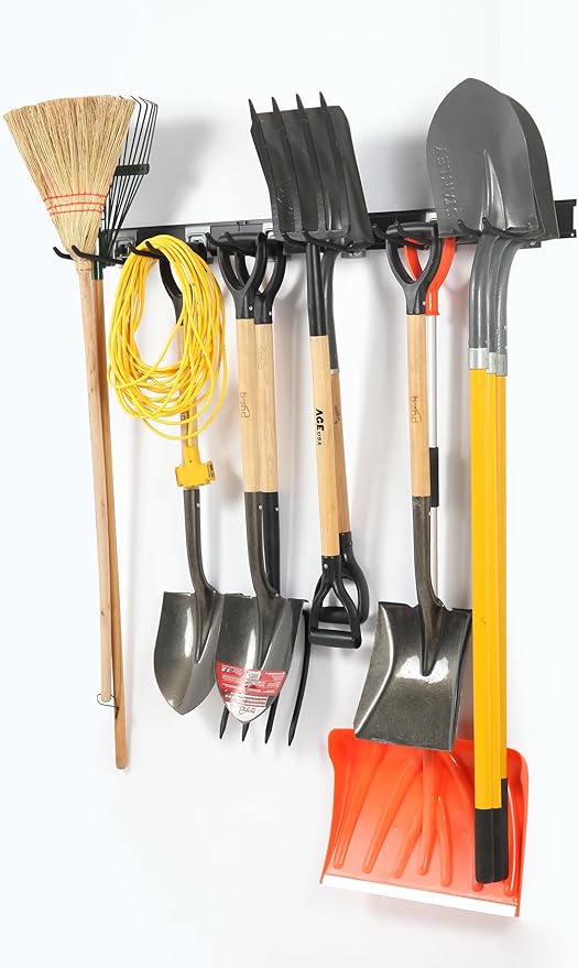 Garage Organization Wall Mount, 48inch Garden Tool Organizer with 6 Clamping Hooks, Heavy Duty, Garage Hanging Storage Rack for Yard Tools, Shovel, Shed, Hold Up to 420lbs (48Inch Grey)