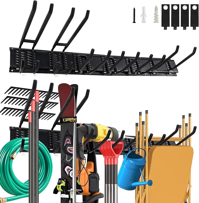 Wall Mount Garden Tool Organizer - 48 Inch Max Load 539lbs with14 PCS Adjustable Garden Tool Hanger Rack, Shovel Holder Wall Mount, Storage Hooks for Hanging in Garage