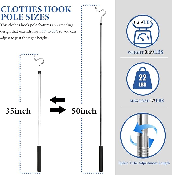 Clothes Hook Pole, Clothes Hanger Reaching Hook for Hanging Clothes Light and Plants Extendable from 35" to 50" Made of Stainless Steel Tube with Sponge Handle (50inch)