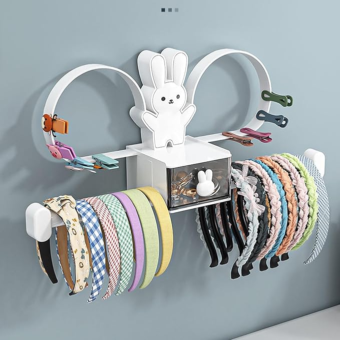 Cartoon Rabbit Hair Accessories Holder Wall Mount Headband Hair Tie Clip Headwear Hair Bows Display Stand Organizer White