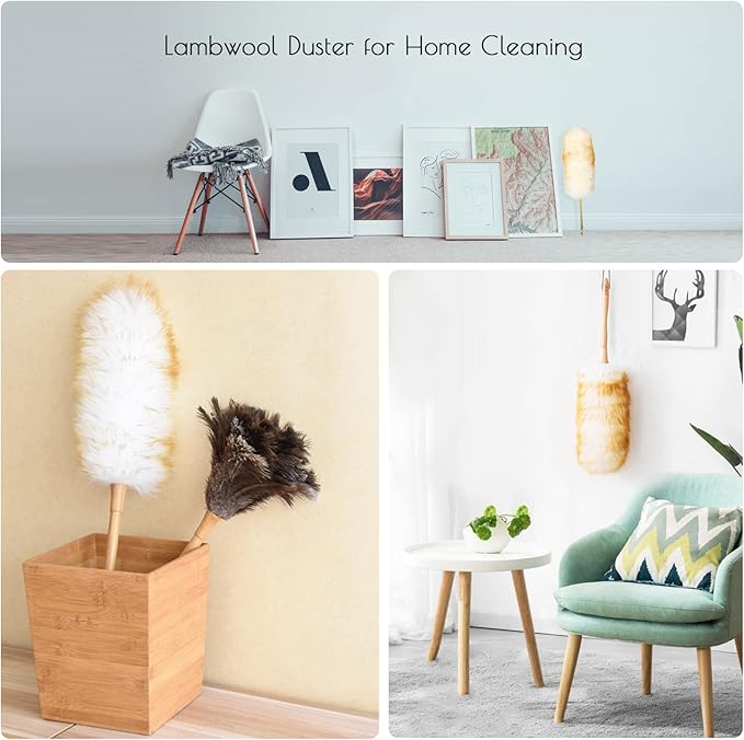 Lambs Wool Duster for Cleaning Window Blinds Computer Furniture TV Computer Screens Bookshelves Solid Wooden Handle Natural Feather Duster,26'', Brown