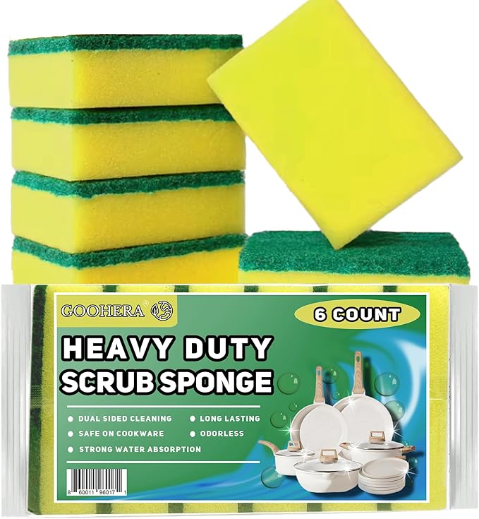 Heavy Duty Scrub Sponge for Cookware, Dual-Sided Cleaning Pot Scrubber, Odorless, Long-Lasting, Kitchen and Dishwashing Essential, Large & Thick 4 x 2.8 x 1.5 Inches, 6 Pack