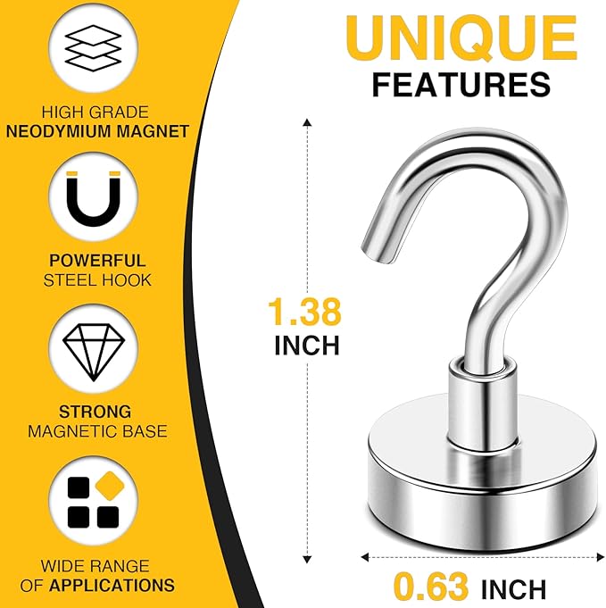 DIYMAG Magnetic Hooks, 30lbs+ Magnet Hook 2025 Cruise Cabin Ship Essentials N52 Heavy Duty Strong Magnets Refrigerator Fridge Hanging for Classroom Beach Vacation Kitchen Grills Home 6 Pack