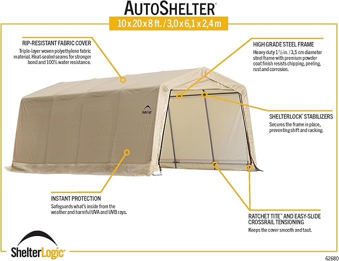 ShelterLogic Peak Style Roof Instant Garage Carport Car Canopy with Steel Frame and Waterproof UV-Treated Cover