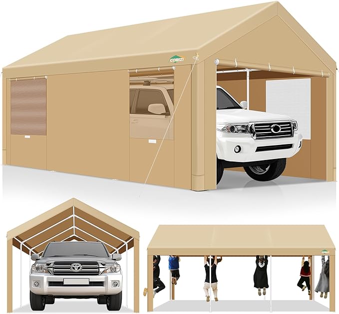 COBIZI Carport 10x20 FT Heavy Duty Portable Garage, Powder Coated Frame(Better Than Galvanized), Built-in Sandbags, Removable Sidewalls & Waterproof Shelter & Windows,for Car/Boat/SUV, Gray
