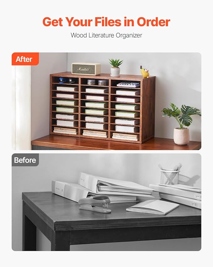VEVOR Literature Organizer, 24 Compartments Office Mailbox with Removable Shelves, Wooden Mailbox Sorter Particle Board Office Home Classroom Storage, File Sorter for Documents, Papers, Dark Brown