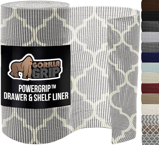 GORILLA GRIP powerGRIP Drawer Shelf and Cabinet Liner, Thick Strong Hold, Non-Adhesive Liners Protect Kitchen Cabinets and Cupboard, Bathroom Drawers, Easy Install, Breathable Mat, 12" x20', Gray