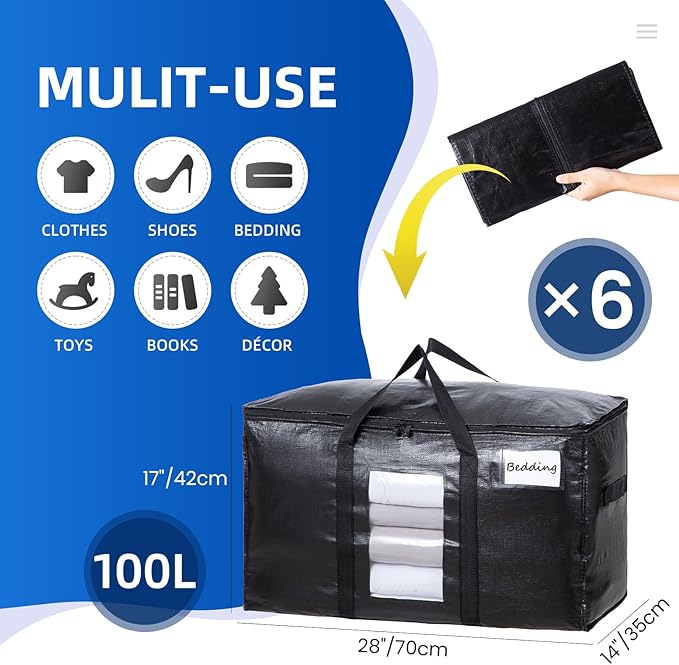 TAILI Extra Large Moving Bags, 6 Pack Black Heavy Duty Totes for Storage with Visible Window, Wrap Around Handles, Storage Bags for Space Saving, Alternative to Moving Boxes