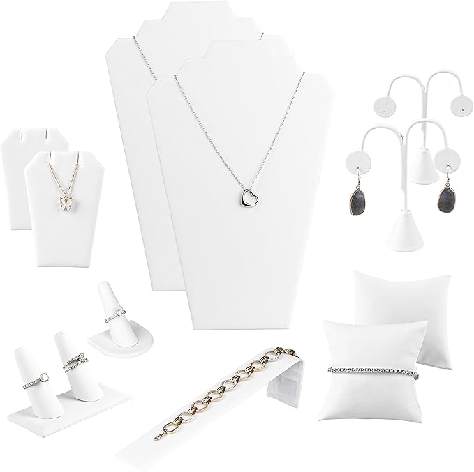 Novel Box White Leatherette 11 Pieces Jewelry Display Set for Necklaces, Bracelets, Rings, Earrings, Pendants & Watches - Jewelry Displays Sets for Selling or Personal Use