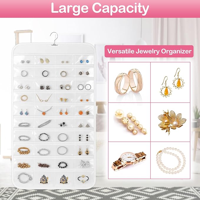 Hanging Jewelry Organizer for Closet with Swiveling Hanger, 17 x 30 In, 80 Clear Pockets Jewelry Organizer Hanging for Jewelries, Earrings, Accessories (Beige) (3, White)