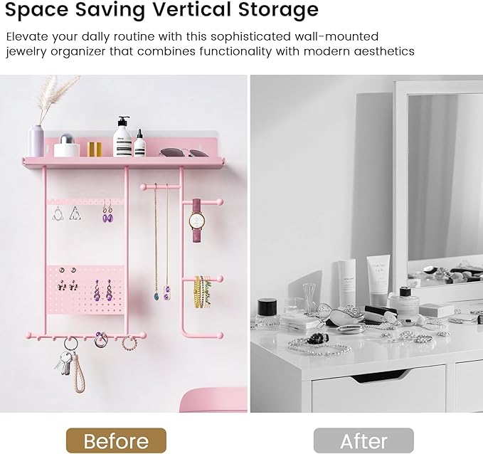 Wall Mounted Jewelry Organizer with Shelf: Metal Display Stand with Velvet Pad, Multi-Layer Necklace Hanging Rack for Bedroom Bathroom Space Saving No-Drill Wall Decor