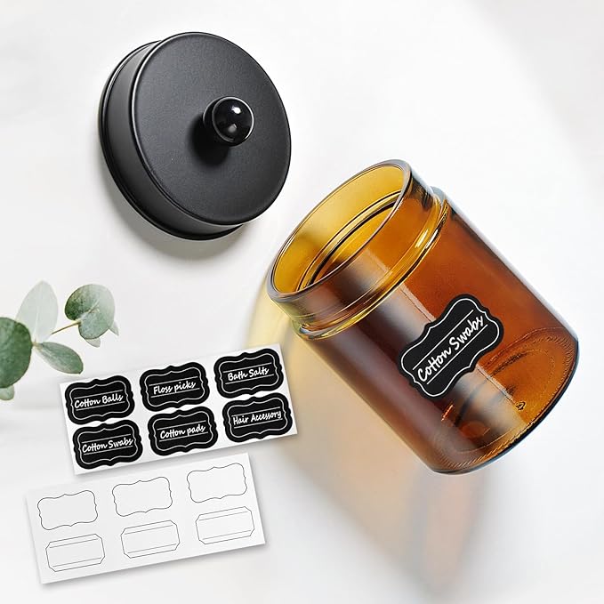 Amolliar Amber Glass Qtip Holder, Apothecary Jars with Matte Black Metal Lid & Stickers-Bathroom Qtip Dispenser Storage Organizer Set,Vanity Counter Canister for Cotton Swabs,Round Pads,Floss (6 Pack)