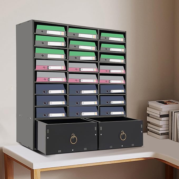 24-Compartment Literature Organizer with 2 Drawers – Adjustable Shelves & Lockable Storage Cabinet, Wall-Mountable Mail Sorter for Office, Classroom, Home (Black)