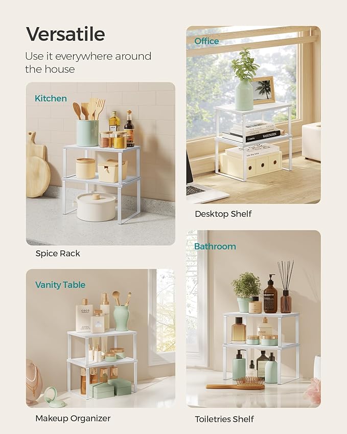 SONGMICS Cabinet Organizer Shelf, Set of 2 Kitchen Counter Shelves, Kitchen Storage, Spice Rack, Stackable, Expandable, Metal and Engineered Wood, Cloud White and Snow White UKCS02W01 (Pack of 2)