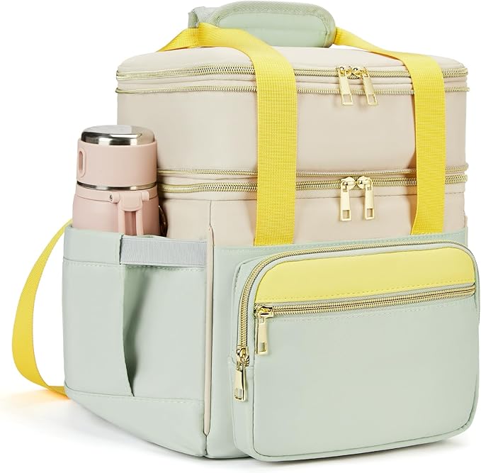 Insulated Lunch Bag & Lunch Box for Women - Double Deck Reusable Lunch Bag for men Tote Cooler Bag Leakproof Soft Expandable - Large Lunchbox for Work/Adult/Picnic/Outdoor (Green，15L)