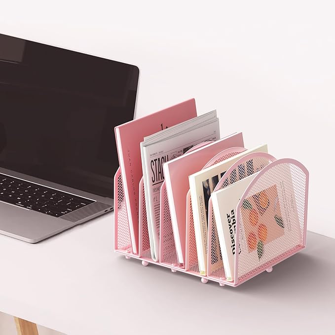 Desk File Organizer 5 Sections Desktop Organizer File Sorter Office Organization File Folder Holder for Office School & Classroom (Pink, 5 Section - 1Pack)