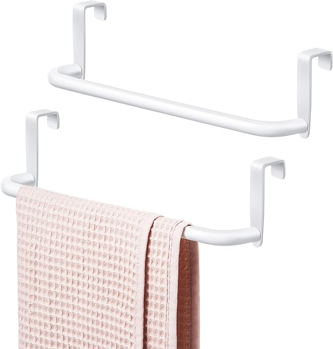 2 Pieces Metal Towel Bar Kitchen Cabinet Steel Towel Rack Bar for Hanging on Inside or Outside of Doors, Home Kitchen Bathroom(White)