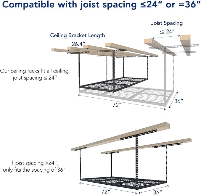 FLEXIMOUNTS 3x6 Overhead Garage Storage Adjustable Ceiling Rack 72" Length x 36" Width x 40" Height, 450lbs Weight Capacity, Black, Classic Series