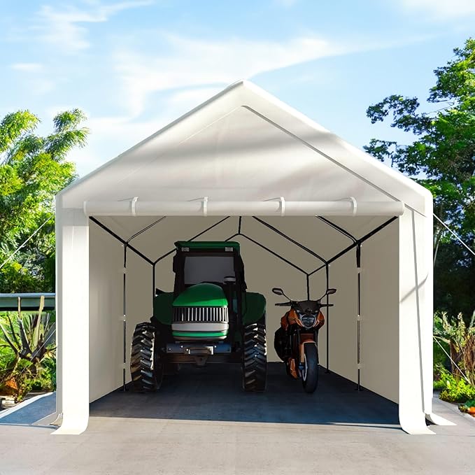 10x20 FT Heavy Duty Carport Car Tent Car Canopy Storage Shed, Portable Garage with Removable Sidewalls & Doors All-Season Tarp for Car,Truck,SUV,Party White