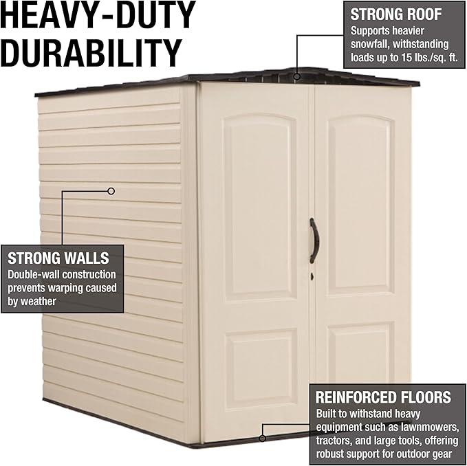 Rubbermaid Large Vertical Resin Outdoor Storage Shed With Floor (6.2 x 4.6 Ft), Weather Resistant, Beige/Brown, Organization for Home/Backyard/Garden Tools/Lawn Mower/Bike Storage/Pool Supplies