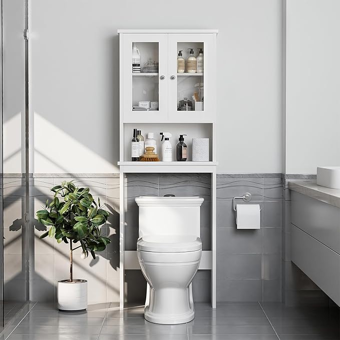 Meilocar Over The Toilet Storage Cabinet for Bathroom, White Storage Organizer Over Toilet, Space Saver with Tempered Glass Doors, White