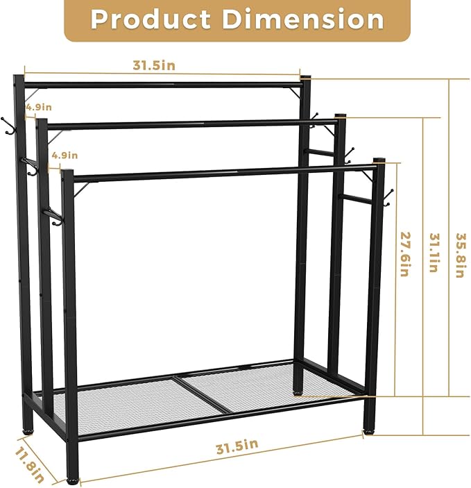 3 Tier Towel Rack with Large Storage & 6 Hooks, Blanket Rack for Oversized Bath Towels, Free Standing Pool Towel Rack Stand for Bathroom Pool Indoor/Outdoor, 35.8" H x 31.5" L x 11.8" W