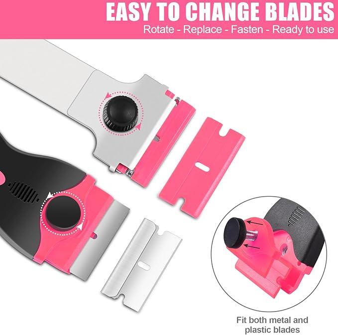 4 Pack Razor Blade Scraper, Premium Cleaning Scraper Tool with 50 PCS Metal & Plastic Razor Blades, Multi-Purpose Glass Scraper for Windows, Sticker, Decals, Cooktop, Paint Removal (Pink)