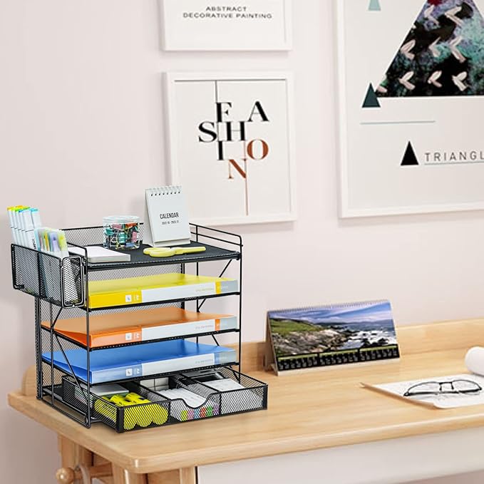 GALASALA Desk Organizers, 5-Tier Mesh Desktop File Organizer, Paper Organizer Letter Tray with Drawer, Paper Sorter for School Office Supplies Desk Accessories, Black