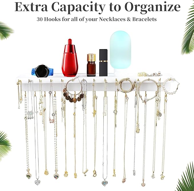 Necklace Holder, Upgraded Extra Large Wall Necklace Organizer with 30 Hooks Wall Mounted Necklace Hanger with Jewelry Tray/Cosmetics Shelf Rustic Pine Wood Holder (White)