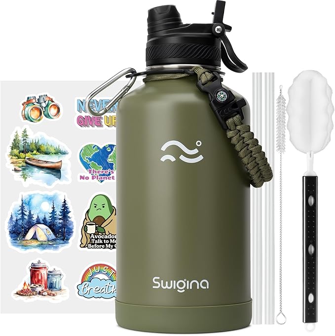 [2-IN-1 LID] 64 oz Insulated Water Bottle with Silicone Boot (48hrs Cold/24hrs Hot) - DIY Stickers, Leakproof, BPA Free, Half Gallon