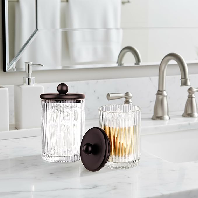 SheeChung 1-Pack Bronze Ribbed Glass Qtip Holder - Apothecary Jar Bathroom Organizer with Metal Lid - Small Vanity Canister for Cotton Swabs, Rounds, Floss Picks - Modern Luxury Decor