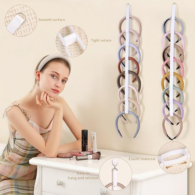 3PCS Headband Holder & Hair Accessory Organizer with 3 adhesive hooks - Large Capacity Foldable Display for Bedroom & Dorm, Easy Headband Storage Solution, White