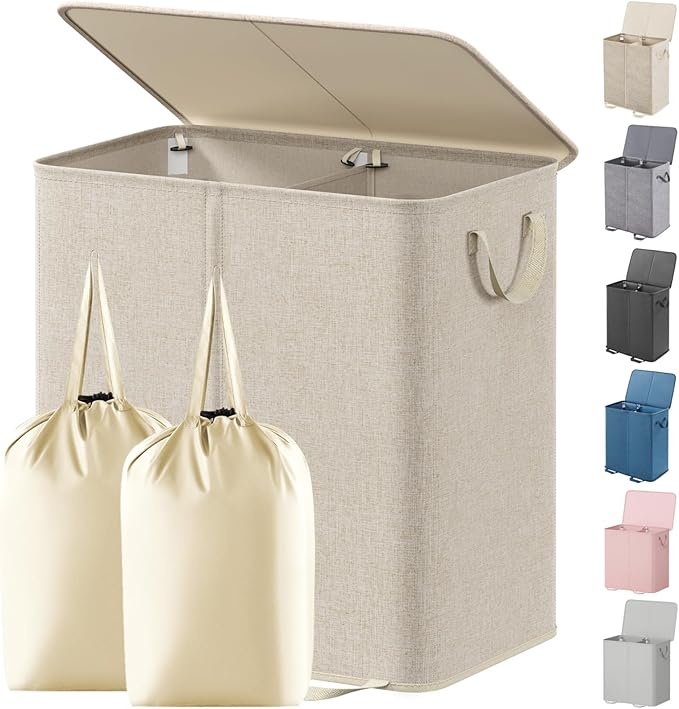 Lifewit Double Laundry Hamper with Lid and Removable Laundry Bags, Large Collapsible 2 Dividers Dirty Clothes Basket with Handles for Bedroom Laundry Room Closet Bathroom College, 136L Beige