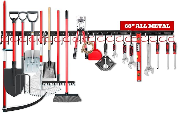 SEDY 68" All Metal Garden Tool Organizer Hooks - Garage Wall Organizer Sturdy Garden Tool Storage System Yard Tool Garage Tool Organizer Wall Mount Shed Organization Shovel Broom Rake Holder