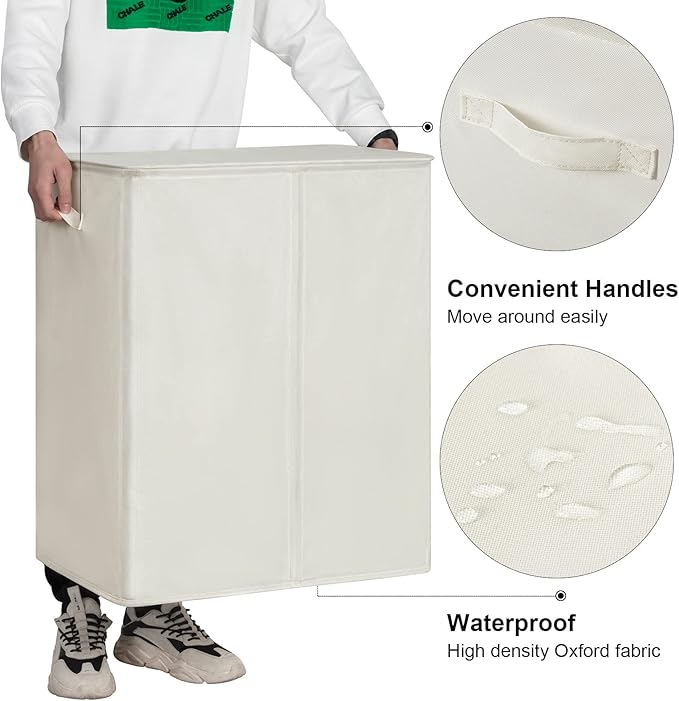 WOWLIVE 154L Double Laundry Hamper with Lid and Removable Laundry Bags, Large Dirty Clothes Hamper 2 section Collapsible Laundry Basket Dorm Room Storage for Bedroom, Bathroom, College,Beige