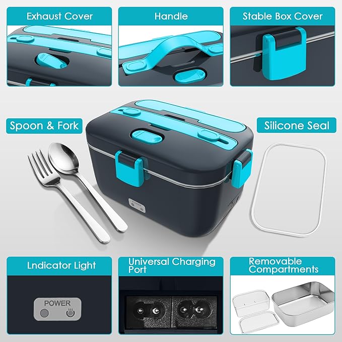 Electric-Lunch-Box-Heated-Food-Warmer 100W Heating Lunchbox for Adults 1.8L Portable Food Heater for Work/Car, 12V/24V/110-230V Lonchera Eléctrica Portátil with Fork Spoon (Gray+Blue)