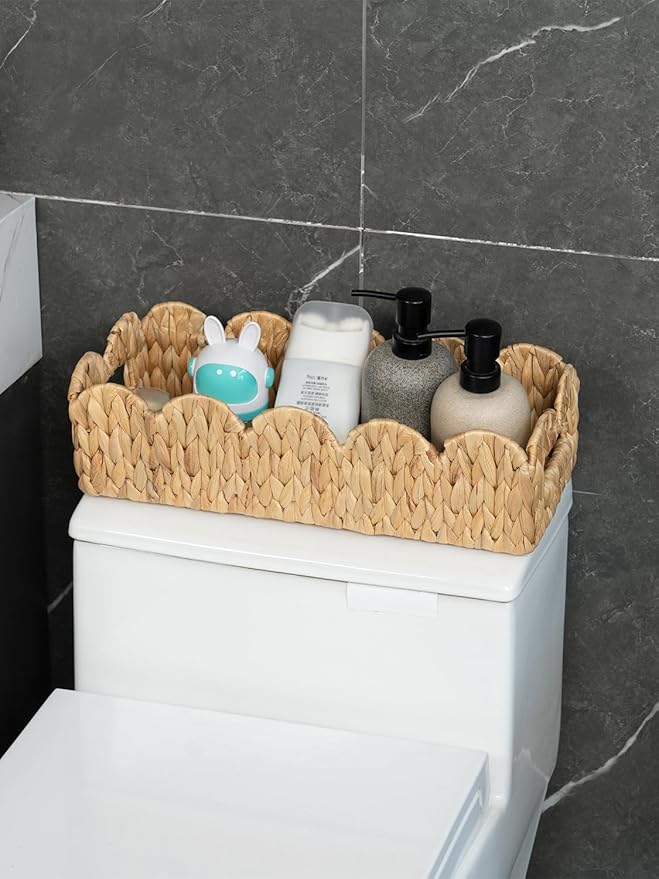 2 Pack Toilet Baskets,Scalloped Edge Wicker Basket for Toilet Paper Storage,Small Baskets for Bathroom,Living Room,Countertop, Shelves,Both Organizer&Decor,Natural Water Hyacinth