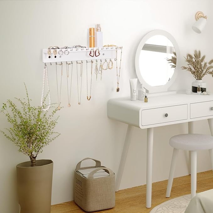 Necklace Holder Organizer Wall Mount,Jewelry Holder Organizer with 30 Hooks,Oak Jewelry Organizer and Storage for Necklaces,Bracelets and Rings (White)