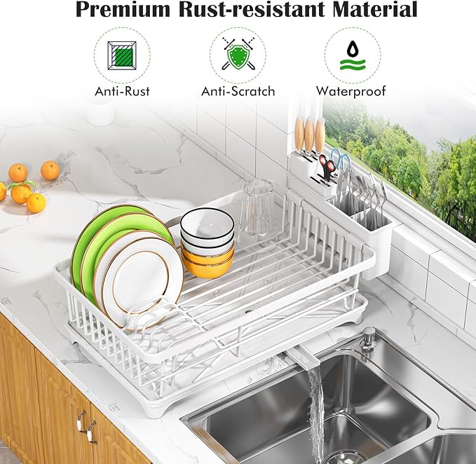 Dish Drying Rack - Space-Saving Small Dish Rack for Kitchen Counter, Rust-Resistant Kitchen Drying Rack, Compact Dish Drainer Organizer with Utensil Holder for Home Kitchen, White
