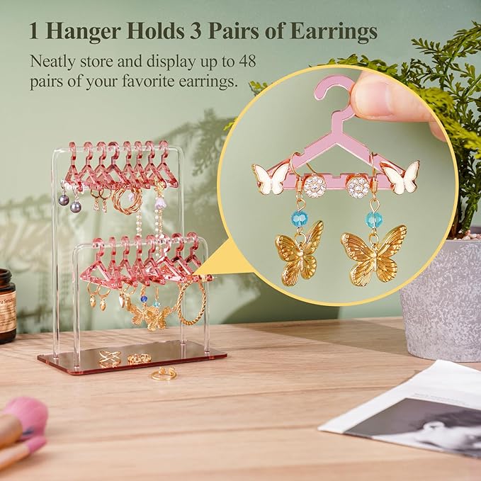 NiHome Acrylic Earring Holder with Unique Double-Tiered Design, Cute Miniature Clothing Hangers with Spacious Storage for 48 Pairs, Mirror-Finish Display for Home Vanity & Retail Showrooms (Rose Gold)