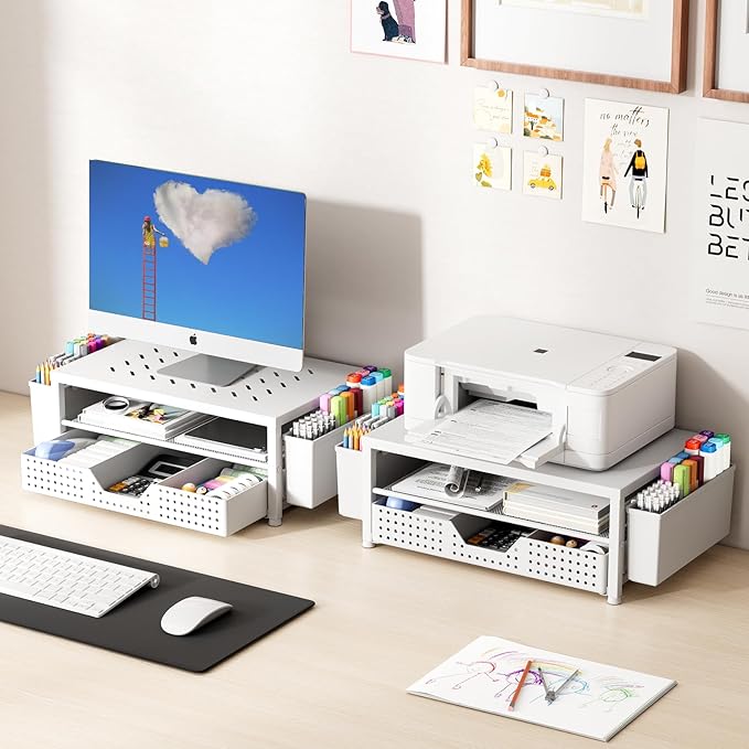 OPNICE Desk Organizer and Accessories, 2-Tier Computer Monitor Stand Riser with Drawer and 2 Pen Holders, Laptop Stand, Office Desk Accessories for Office Supplies, White – Perforated Steel Top